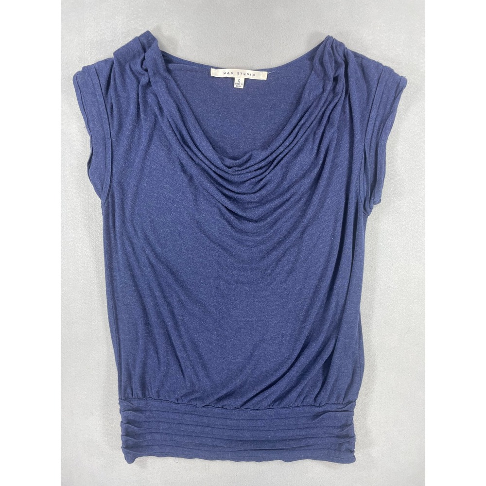 Max Studio Womens Top Cowl Neck Navy Blue Rayon Spandex Small